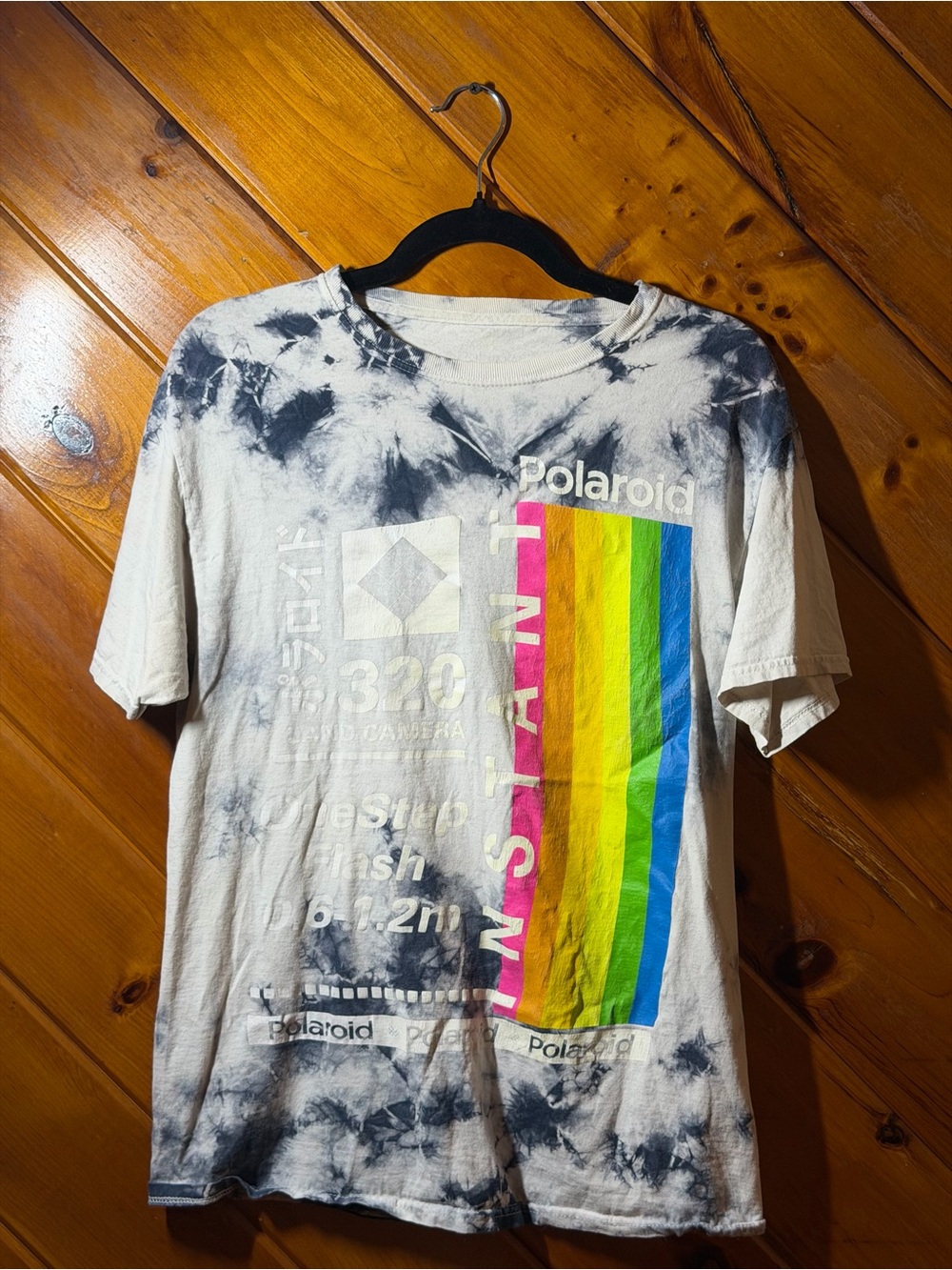 Polaroid Black-and-White Tie-Dye Tee with Vertical Rainbow Stripes